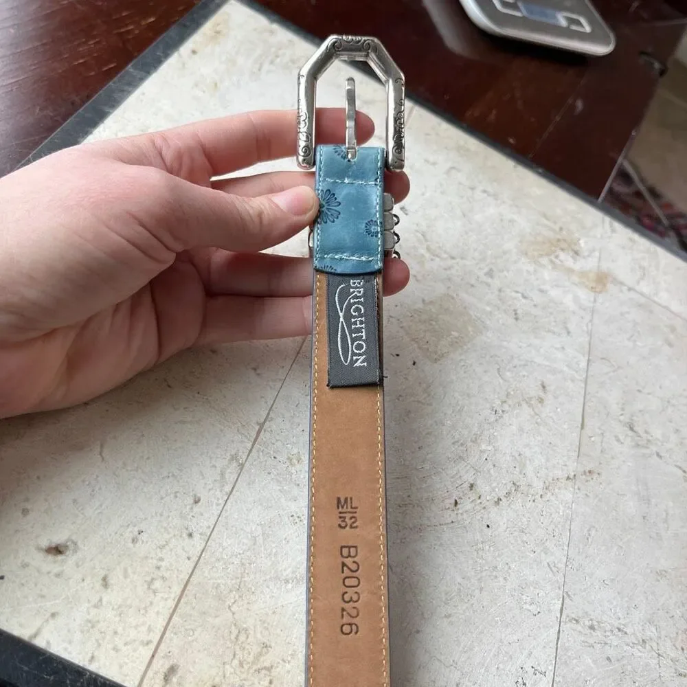 Brighton Blue Floral Tooled Leather Belt Charm Western Boho Y2K ML 32
